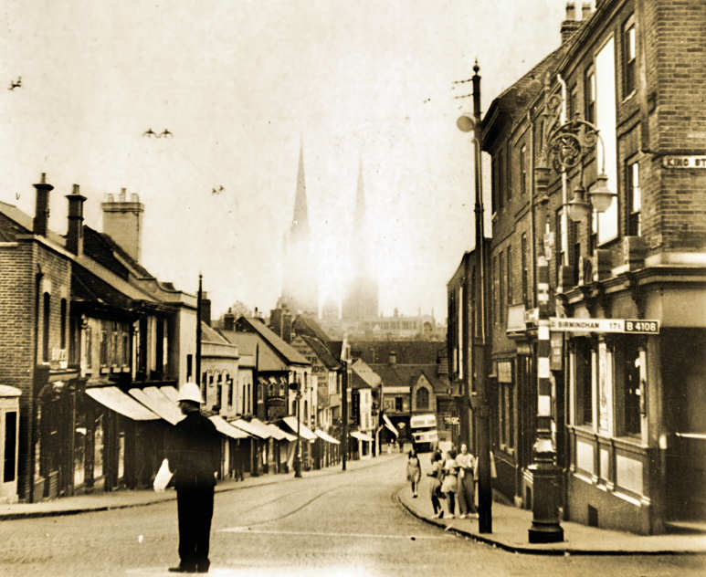 Bishop St. looking south towards two spires