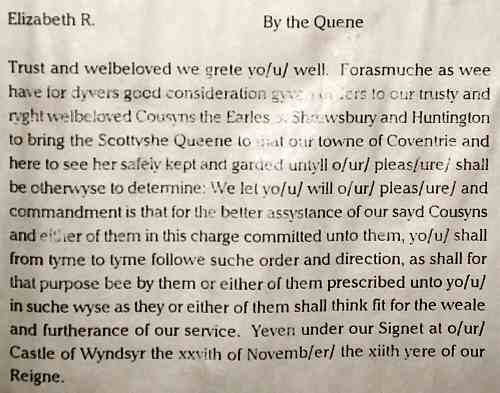 Copy of the letter from Queen Elizabeth I