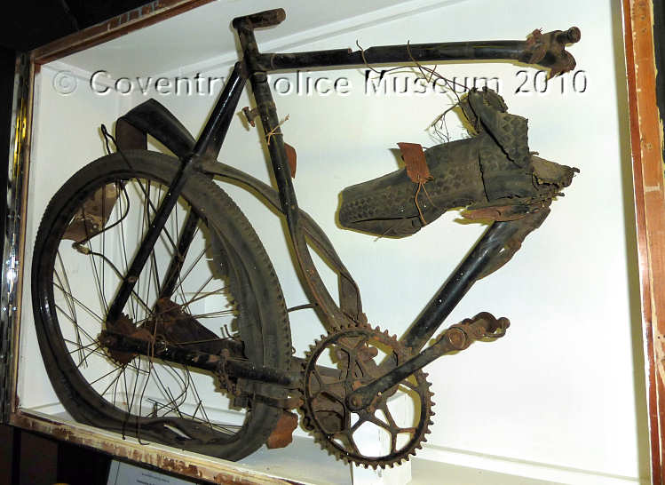 Remains of the bicycle in Little Park Street Police Museum, Coventry