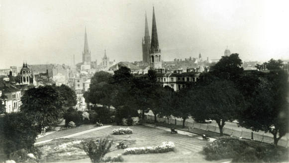 Classic view of Coventry's three spires from Greyfriars' Green.