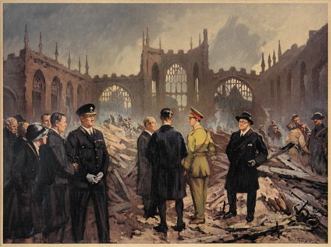 A print of an oil painting by Fred Roe showing King George VI visiting the ruins of Coventry Cathedral on Saturday 16th November 1940.