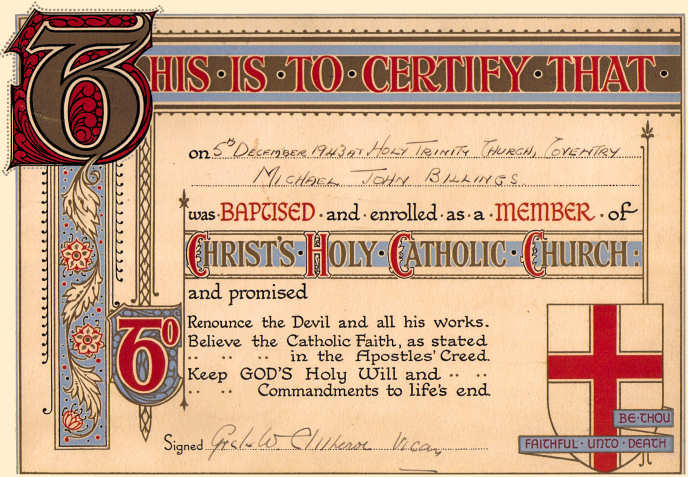 Mick's Baptism Certificate from 1943